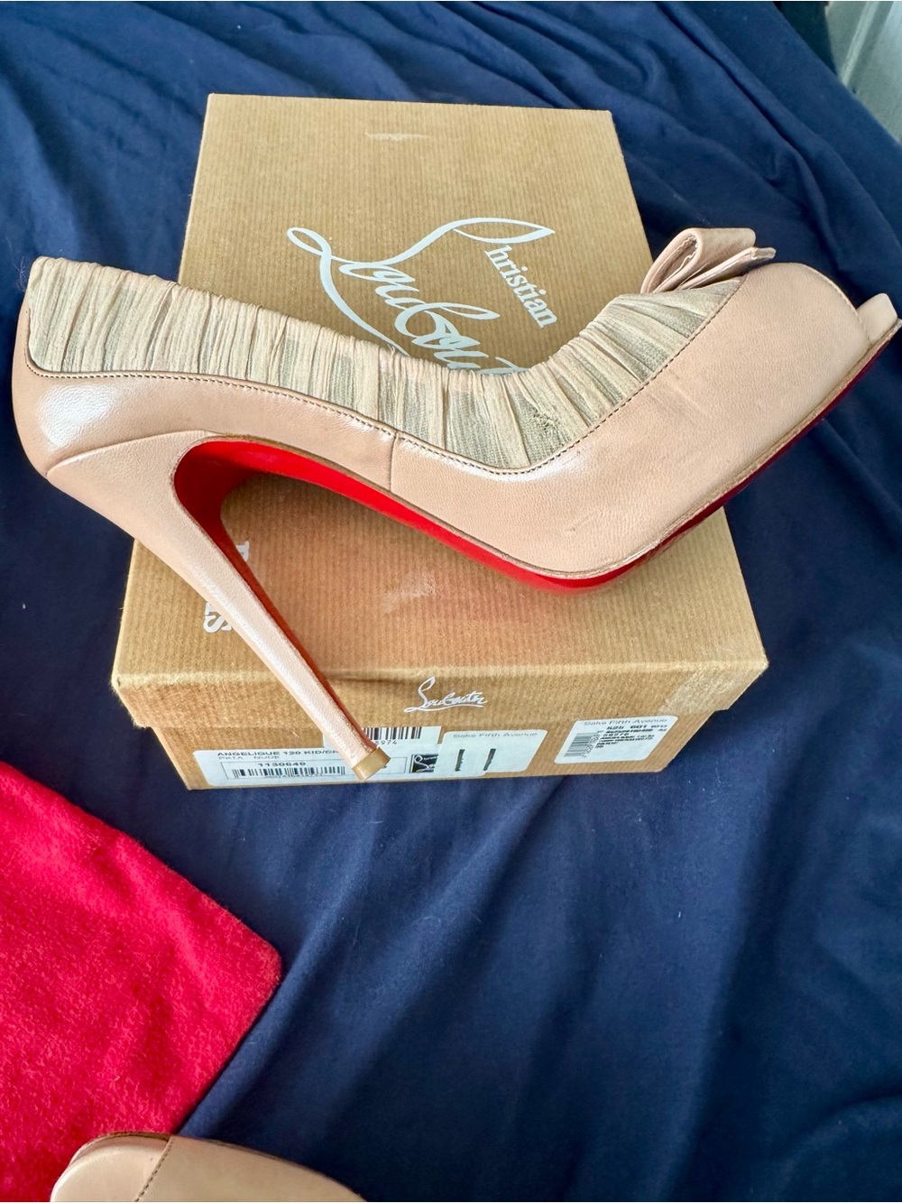 Christian Louboutin Angelique Nude chiffon Peep-Toe Stiletto with Red Sole